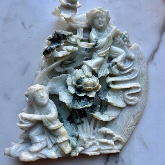 Jadeite Carving of "Two Immortals" Hehe Erxian on a carved wood base Antique - Picture 9 of 13